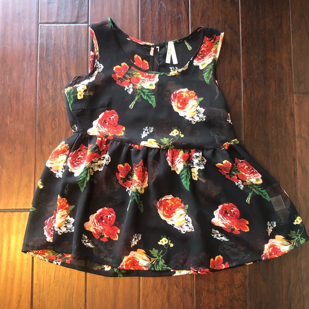 Sheer Black Floral Peplum Blouse, Size Small